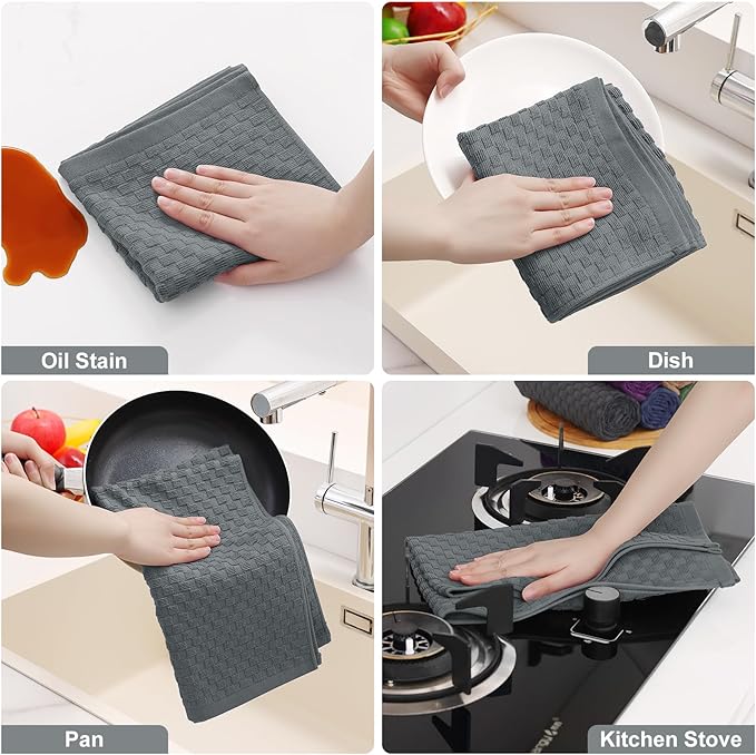 Homaxy 100% Cotton Terry Kitchen Towels(15" x 25", 6 Pack), Soft and Super Absorbent Dish Towels, 380 GSM Reusable Tea Towel with Hanging Loop, Pineapple Grid Designed, Dark Grey