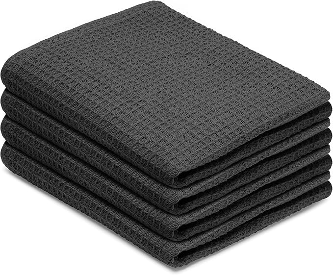 Blue Needles Waffle Weave Kitchen Towels, 15x25 Inches 100% Cotton Set of 4 Dish Towels for Kitchen, Ultra Soft & Absorbent with Hanging Loop, Spring Summer Dish Rags for Quick Drying - Black