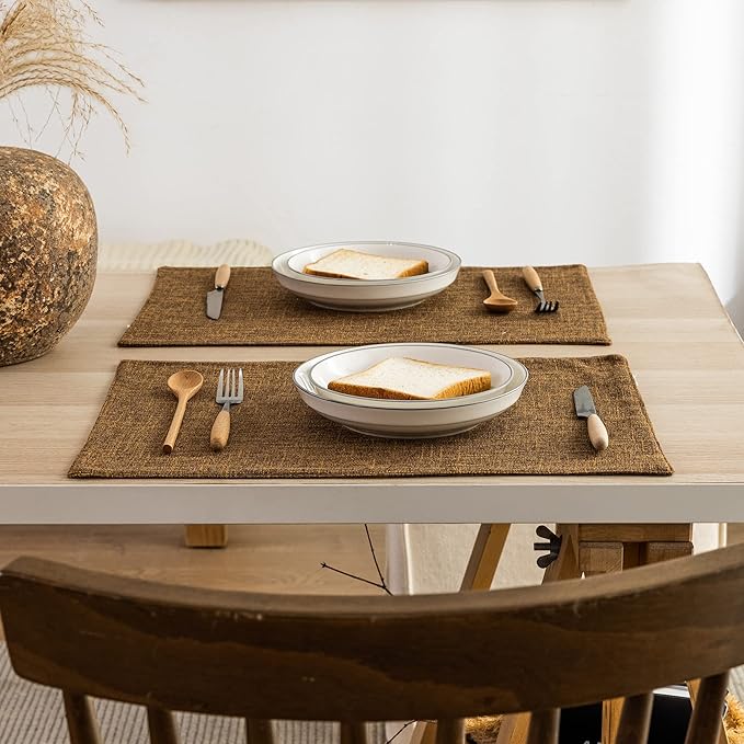 Kevin Textile Burlap Linen Placemats Set of 6 Heat Resistant Dining Table Place Mats Washable Kitchen Table Mats for Dinning Party Holiday Indoor Outdoor, 13 x19 inches, Hazel Brown
