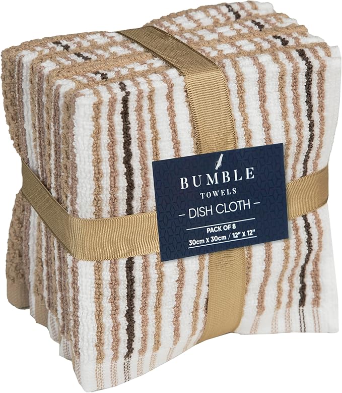 Bumble Premium Dish Cloths Towel 12"x12" | 100% Natural Ring Spun Cotton Tea Towel Set | 430 GSM | Highly Absorbent & Soft Dish Towels | 8 Pack - 4 Popcorn Striped & 4 Solid Kitchen Towels - Tan