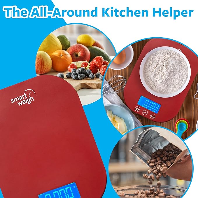 Smart Weigh Red Digital Kitchen Scale for Cooking, Weight Loss, Calorie Tracking, Baking, Food Portion Control, and Meal Prep - Accurate Measurements in Grams and Ounces