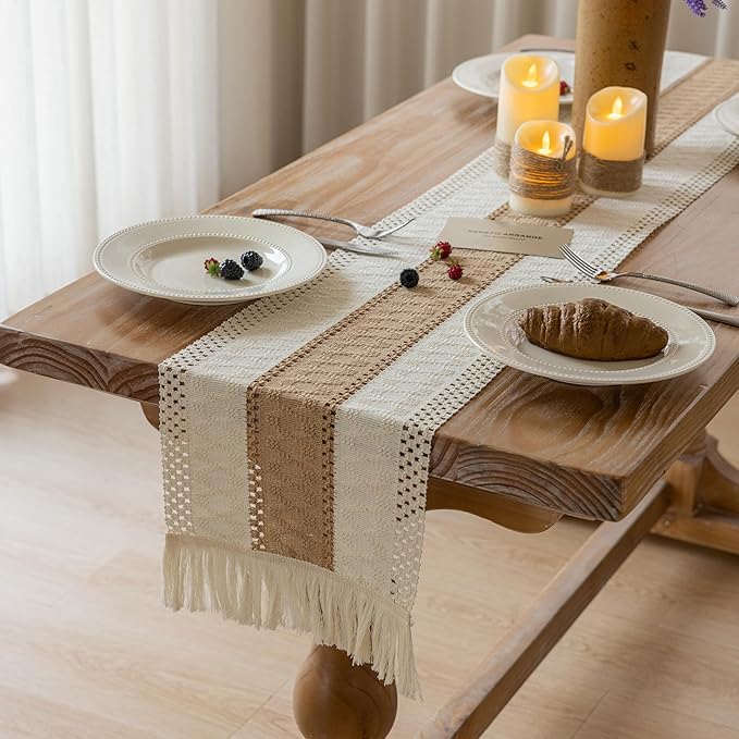 Keketoarrange Boho Table Runner Cream Beige Brown for Home Decor 12x48 Inches Farmhouse Small Macrame Woven Burlap Rustic Coffee Table Runner Dresser Scarf Dining Kitchen Centerpiece Bohemian Decor