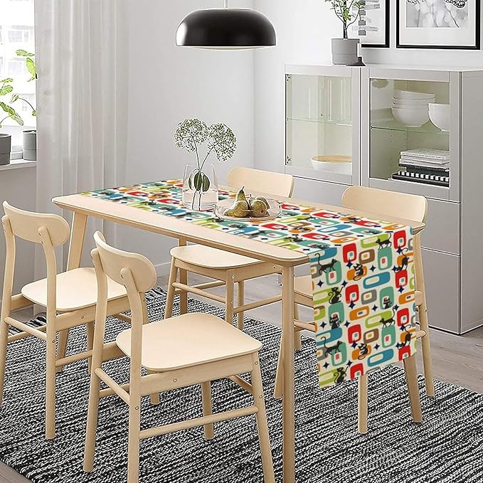 Mid Century Modern Table Runners Cute Black Cat Abstract Geometric for Dining Room Dinner Runner Kitchen Indoor Outdoor Patio Party Decor Fabric 1 Panel W13xL108in
