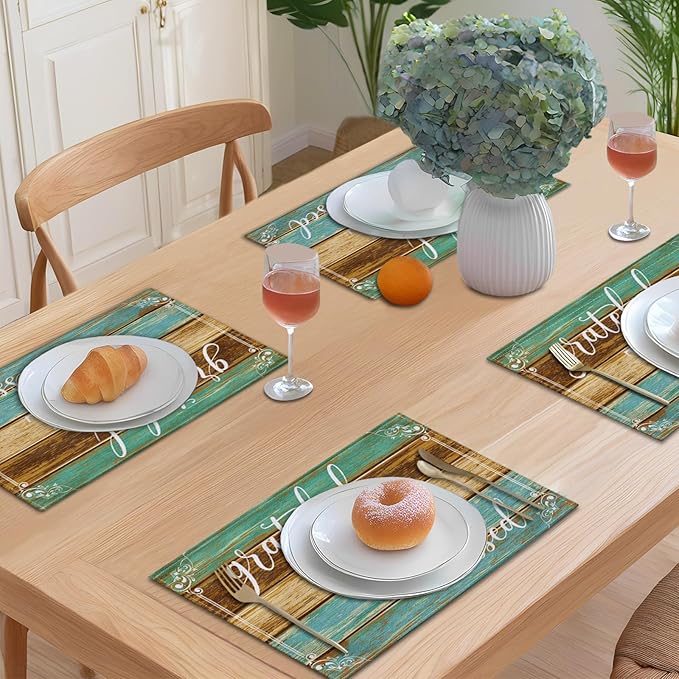 Farmhouse Placemats Set of 6 Thanksgiving Dining Table Placemats Rustic Teal Cloth Place Mats - Linen Washable Wipeable Heat Resistant Decorative Table Mats for Kitchen Coffee Dinner