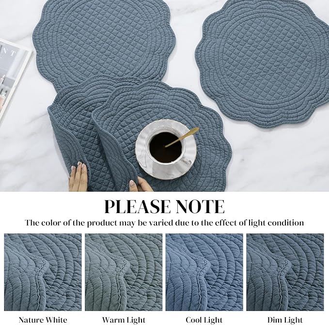 HOMBYS Quilted Placemats Set of 6 Washable Round Placemats for Kitchen Table-100% Cotton Fabric 14 Inch Round Table Mats, Cotton Fabric with Microfiber Filling, (14"x14", Blue)