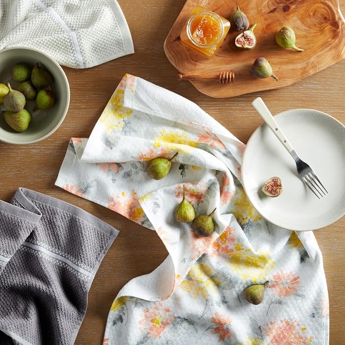 Martha Stewart Amber Floral Kitchen Towel Set 4-Pack, Yellow/Coral, 16"x28"