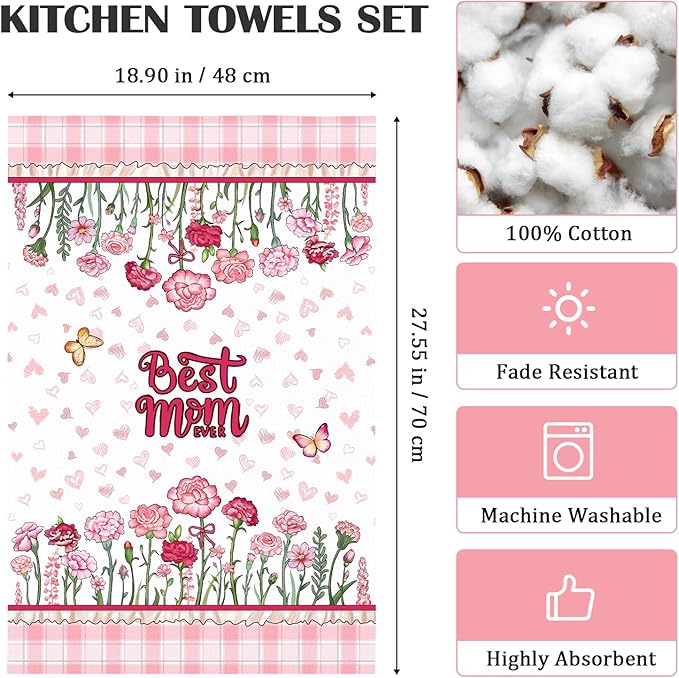 Mother's Day Floral Tea Towels, Cotton Kitchen Towel 18.9 × 27.5 inch, Quick Drying Dish Cloth for Party Anniversary Holiday Decoration, Housewarming Gifts for Mom