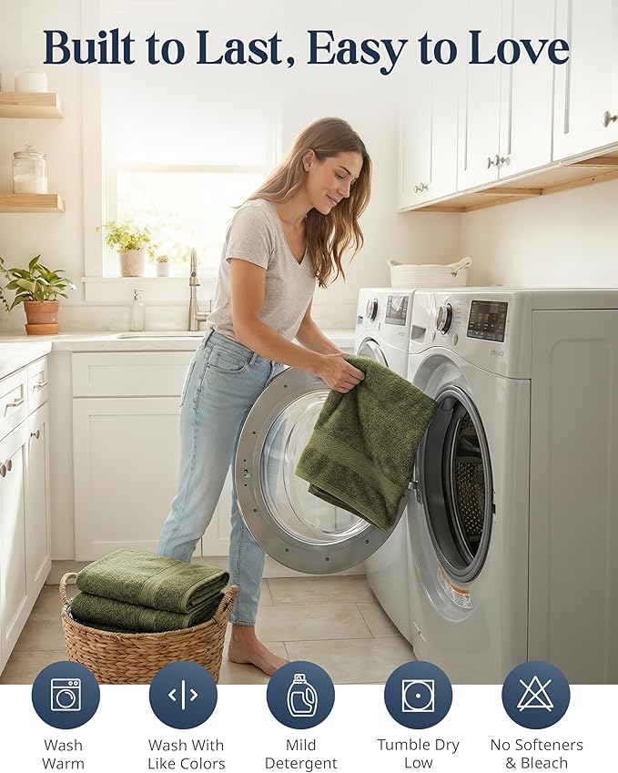 LANE LINEN Cotton Towels for Bathroom - 24 PCs - Highly Absorbent, Durable & Soft - 4 Bath, 4 Fingertip, 6 Hand Towels, 8 Washcloths, 2 Bath Sheets - Family Bundle Pack - Oil Green