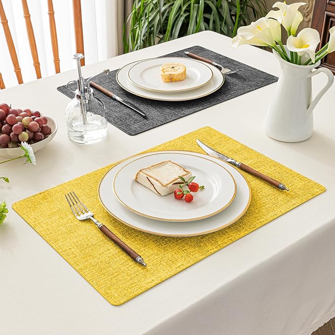 Romanstile Vinyl Placemats Set of 8-12x17 Inch, Reversible Waterproof Washable Non Slip Table Mats, Faux Leather Heat Resistant Wipeable Table Placemats for Dining/Party/Indoor/Outdoor, Grey-Yellow