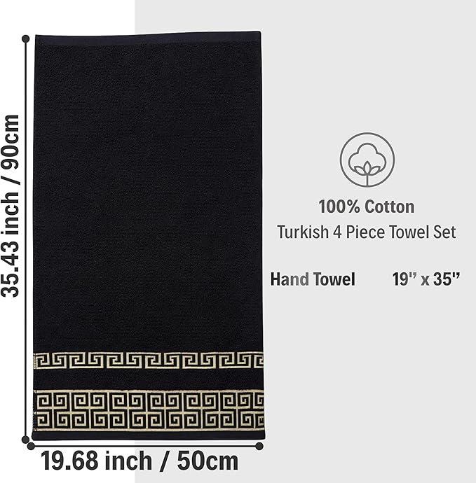 Luxury 4 Piece Hand Towel Set with Greek Key Design - 100% Cotton Soft & Absorbent Bathroom 19x35 in Large Towels - Quick Dry Black Hand Towels for Spa, Hotel & Home Use BB1