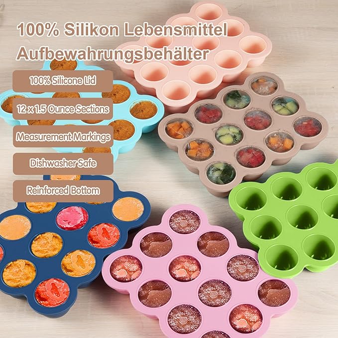 Baby Food Storage Containers 12 x 1.5OZ Silicone Freezer Tray with Lid, Food Grade Silicone Freezer Tray Containers for Purees & Vegetables Light Brown