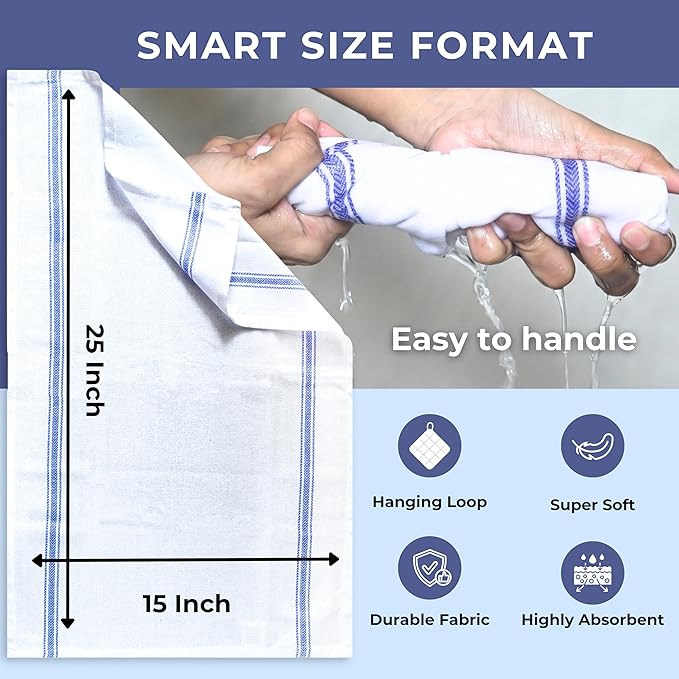 Bulk Kitchen Towels Cotton for Chefs in Commercial Restaurants - 15"X25" - 12 Pack - White Linen Tea Dish Towels - Lint Free Soft Absorbent Side Blue Striped Herringbone Weave Towles