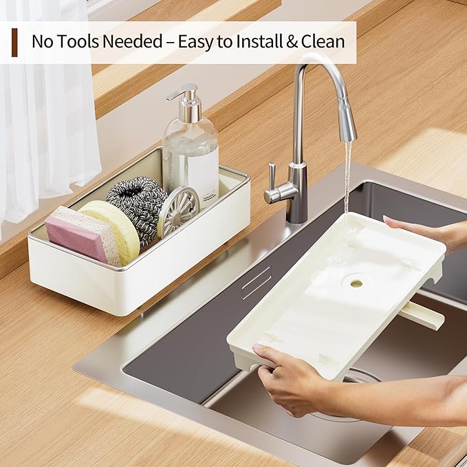 Sponge Holder for Kitchen Sink – Rustproof Stainless Steel, 360° Rotating Drain Pipe, Large Counter Organizer with Drip Tray for Sponges, Brushes & Dish Cloths Off-white