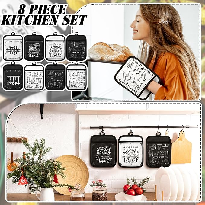 8 Pcs Pot Holders with Pocket Farmhouse Black and White Kitchen Decoration Kitchen Quotes Heat Resistant Potholders Hot Pad Oven Mitts Cookie Bag Oven Gloves for Home Decorations Baking Cooking Gifts