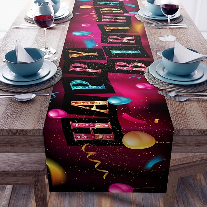 Happy Birthday Table Runner 13x72 Inch Colorful Birthday Balloon Ribbon Farmhouse Polyester Linen Table Decoration for Kitchen Dinning, Indoor Outdoor Home Dinner Party (Brilliant)