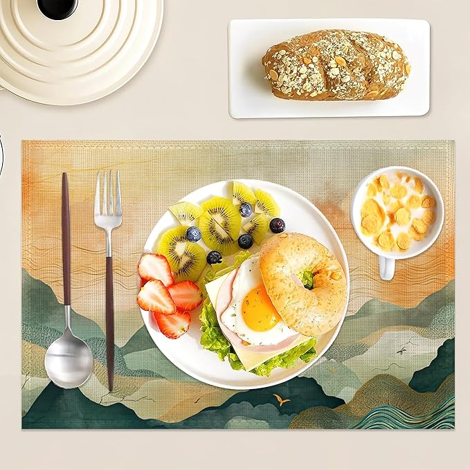 Mountains Landscape Sunset Placemats Set of 6,12x18 Inch Table Mats for Kitchen Table Washable Farmhouse Linen Table Mats Dining Decoration