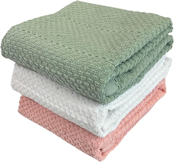 Sage White Light Pink Kitchen Hand Dish Towels: Oversized 28" x 18",100% Cotton Cloth Soft Cleaning Drying Absorbent Textured Design, Set of 3 Multipurpose for Everyday Use - Natural Collection