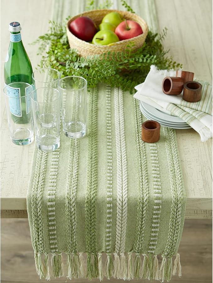 DII Farmhouse Braided Stripe Table Runner Collection, 15x108 (15x113, Fringe Included), Antique Green