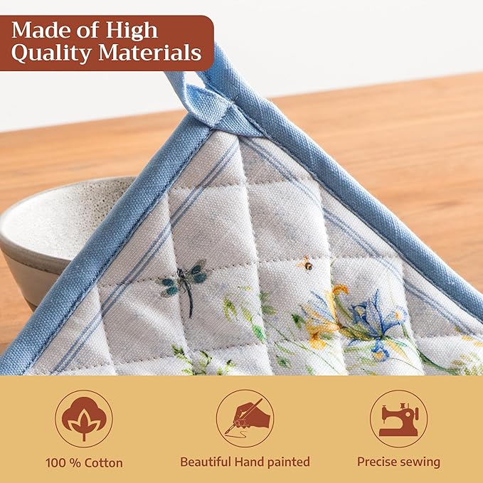 Maison d' Hermine Pot Holders 100% Cotton Heat Resistant Potholders 8" x 8" Hot Pads with Loop BBQ Cooking Baking Gifts for Mothers Day Handling Hot Pans Spring/Summer (Pack of 1, Fleurs De Mai)