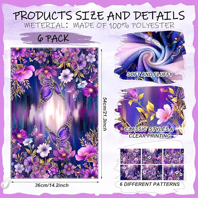 Breling Set of 6 Purple Butterfly Kitchen Towels Floral Butterfly Dish Towel Bathroom Decorative Purple Cloths for Kitchen Bathroom Home Cooking Housewarming Gifts, 14 x 21 Inch