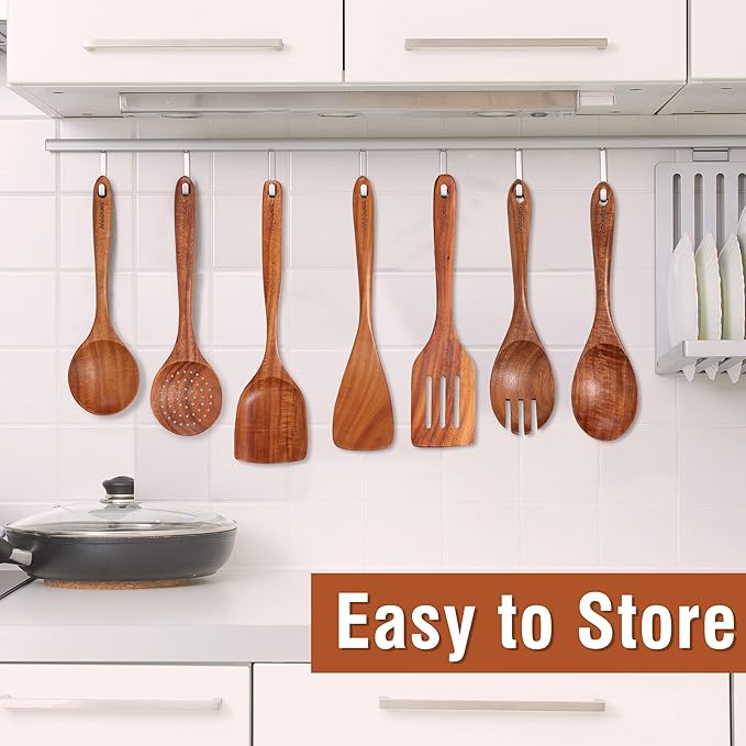 Mooues 12 Piece Wooden Spoons for Cooking, Wooden Utensils for Cooking with Utensils Holder, Natural Teak Wooden Kitchen Utensils Set with Wooden Spoon Rest, Comfort Grip