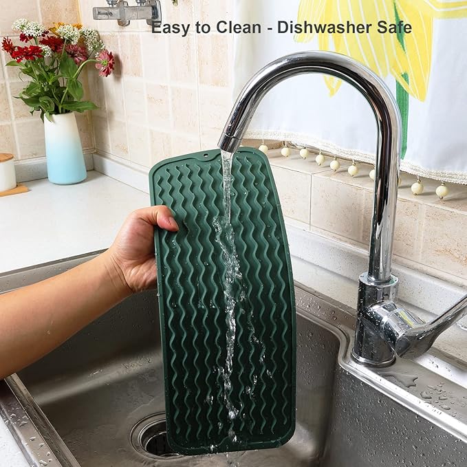 ZLR Silicone Sponge Holder & Sink Caddy Tray (6" x 17") - Narrow Dish Drying Mat for Kitchen Counter - Waterproof Soap Dispenser Organizer, Non-Slip Bathroom Vanity Tray (Dark Green)
