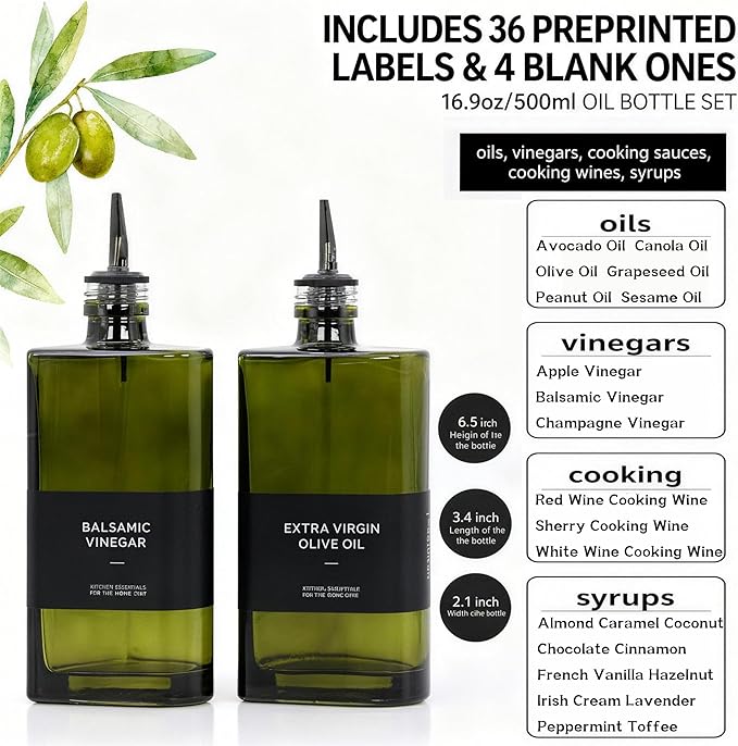 2-in-1 Oil Dispenser & Sprayer 2-Pack, Dark Glass Olive Oil Bottle with Stainless Steel Pourer, Oil Container, Oil & Vinegar Set, Light-Blocking Kitchen Countertop Accessory (Green)