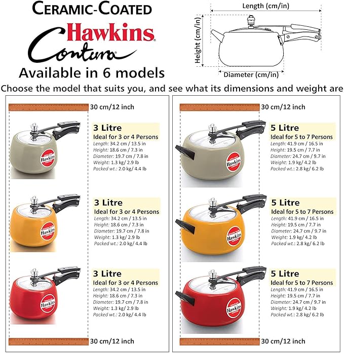 Hawkins 5 Litre Contura Pressure Cooker, Ceramic Coated Handi Inner Lid Cooker, Tomato Red (CTR50)