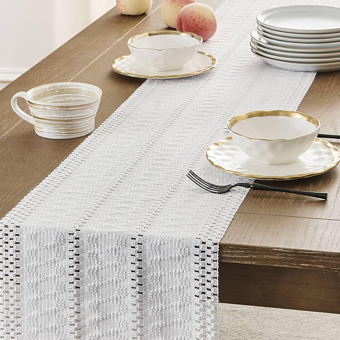 ZeeMart Macrame Style Boho Table Runner, White Table Runners 60 Inches Long, Farmhouse Woven Home Decor, 12x60 Inch, White