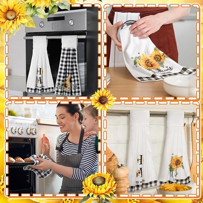 Tegeme 6 Pcs Hanging Kitchen Towels with Loop, Absorbent Hand Tie Towels Microfiber Decorative Fast Drying Kitchen Hanging Towel for Home Bathroom(Sunflower)