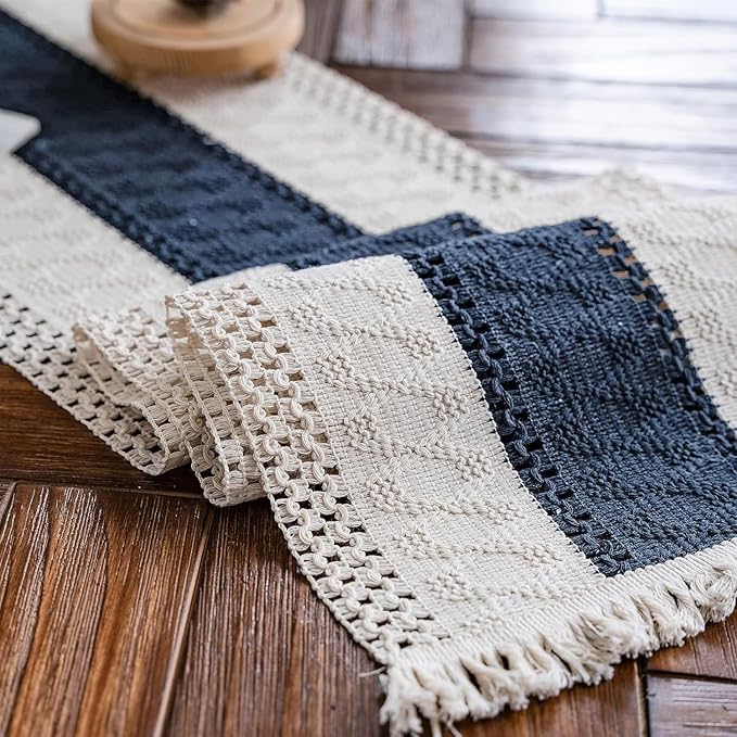 Alynsehom Macrame Table Runner Cream Beige and Blue Boho Table Runners with Tassels Hand Woven Cotton Table Runner Rustic Farmhouse Table Runners for Bohemian Kitchen Dining Table(12x48in)