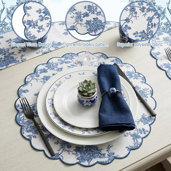 Set of 6 Round Placemats 15 Inch Cotton Scalloped Embroidery Placemat Washable Double Layered Rustic Dinner Table Mat Decoration Fabric for Hotel Restaurant Kitchen (Blue/White,Floral)
