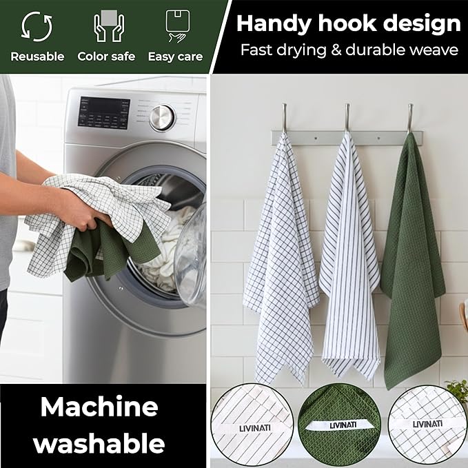 Highly Absorbent Cotton Kitchen Towels for Drying Dishes - Set of 6 Dish Towels - Narrow Sage Green Stripes Plaid Waffle Dishtowels - 18"X28" Large Lint Free Linen Tea Hand Bulk T Towls