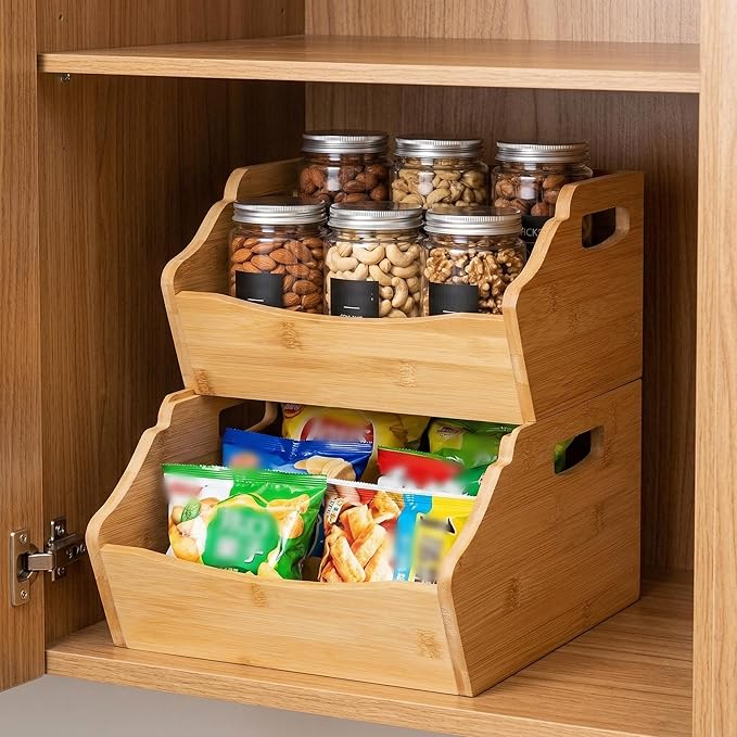Cididu 2 Pack Bamboo Stackable Storage Bin, Countertop Open Front Stacking Bins, 2 Tier Organize Basket Box with Handle, Food Fruit Container for Cabinet, Kitchen, Studio, Office