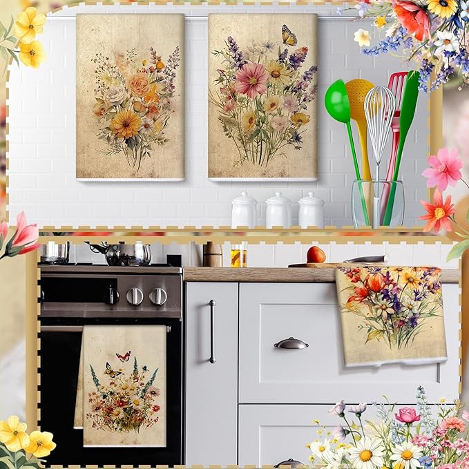 Bencailor 6 Pcs Wildflowers Kitchen Towels Decorative Sets Dish Towels Absorbent Fast Drying Hand Tea Vintage Hanging Reusable Cleaning Dishcloths for Cooking Farmhouse Bathroom Accessory