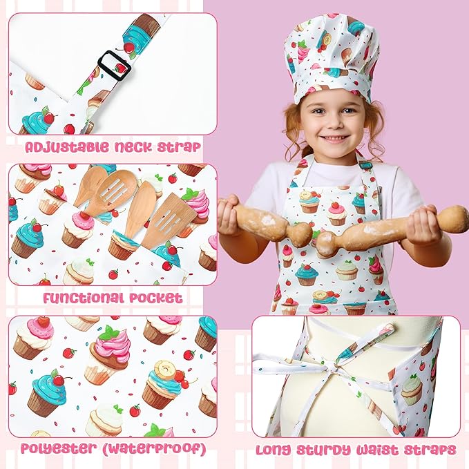 GROBRO7 4Pcs Kids Apron and Chef Hat Set Gift for Girls Boys, Cupcake Animal Prints Adjustable Kitchen Cooking Child Aprons with 2 Pockets Waterproof Smocks for Baking Painting Crafting