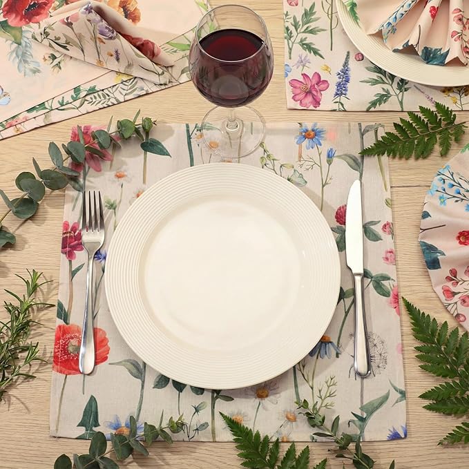 Funnymoom 24 Pcs Butterfly and Wild Flowers Cloth Napkins Floral Plants Reusable Napkins French Retro Toile Dinner Soft Absorbent for Summer Holiday Party