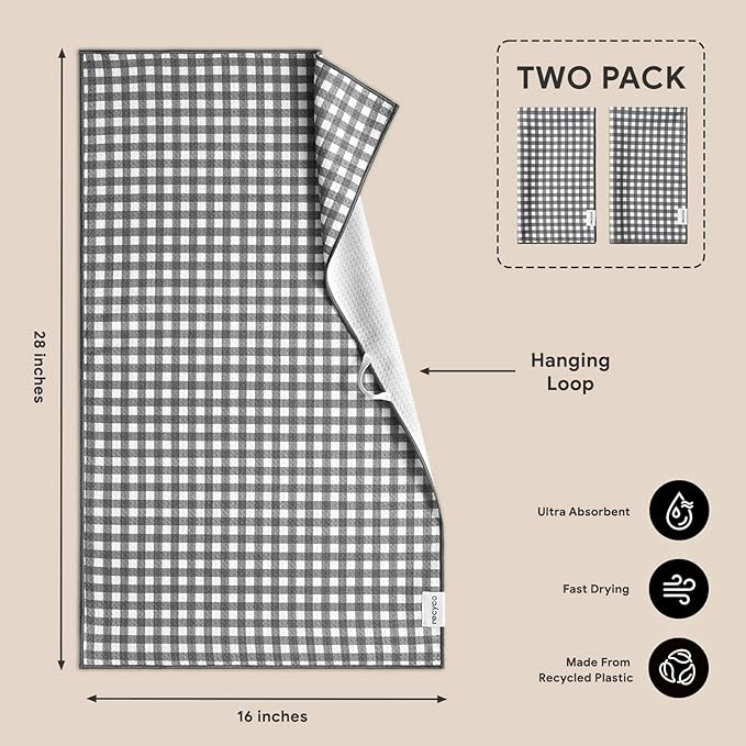 RECYCO Waffle Kitchen Towel Set of 2 - Quick Dry Microfiber Sustainable Dish Towels - Ultra Absorbent Reusable Cleaning Tea Towels - Lightweight Hand Towels,16”x 28”, Dove Gray Plaid