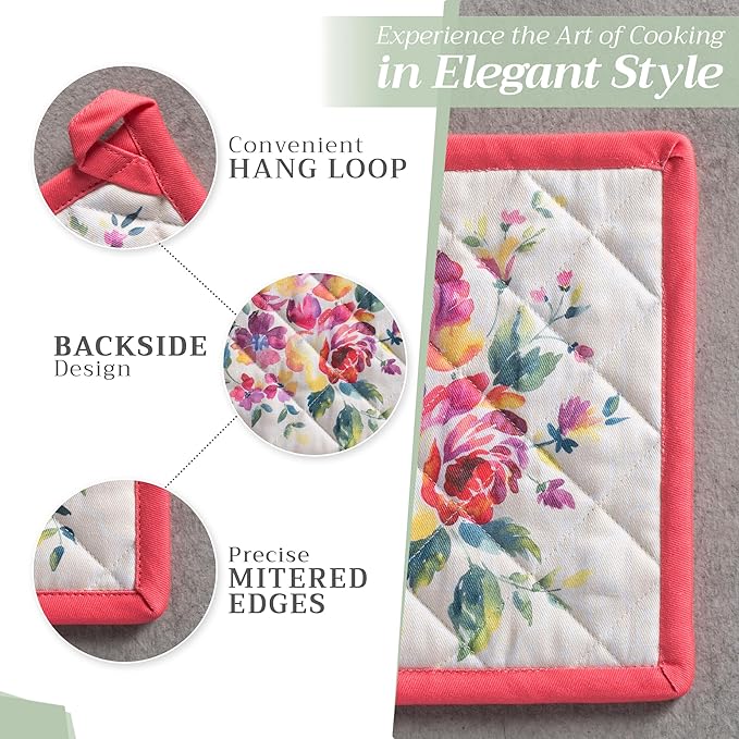Maison d' Hermine Pot Holders 100% Cotton Heat Resistant Potholders 8" x 8" Hot Pads with Loop BBQ Cooking Baking Gifts for Mothers Day Handling Hot Pans Spring/Summer (Pack of 1, Rose Garden)