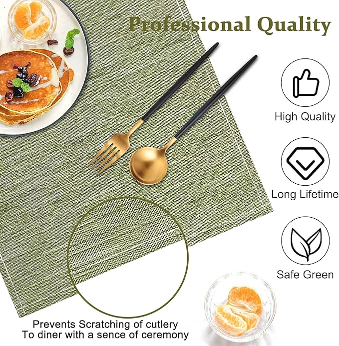 Bloss Green Placemats Set of 4-12x18 Inch WashableTable Place Mats, Fabric Spring Placemats for Kitchen Dining Table Decor, Easy to Clean Summer Placemats Cloth for Holiday Party Decoration