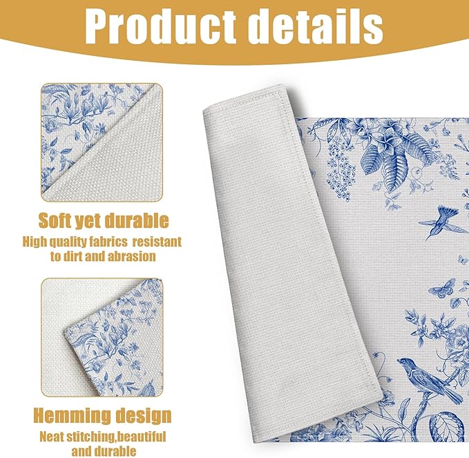 Spring Vintage Bird Placemats Set of 6, Chinoiserie Flower Linen Place Mat Washable Stain Resistant Table Mats for Farmhouse Kitchen 12x18 Inch