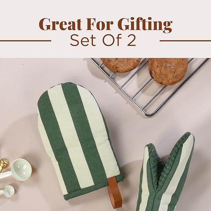 Folkulture Oven Mitts - Set of 2 (5.75"x9") | Oven Mitts with Hanging Loop for Cooking Gifts for Women, Kitchen Decor| 100% Cotton, Silicone Heat Resistant Mini Mitts - House Warming Gifts (Matcha)