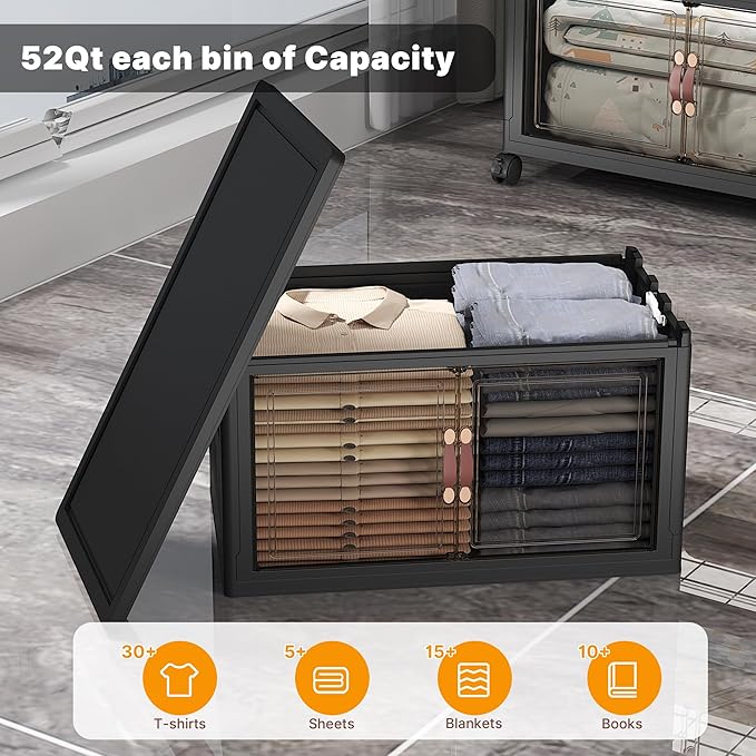 UAMFURI Stackable Storage Bins with Lids, 275QT Closet Organizers and Storage with Doors and Wheels, Extra Large Storage Cabinet, Collapsible Plastic Drawers for Bedroom Kitchen Office Garage