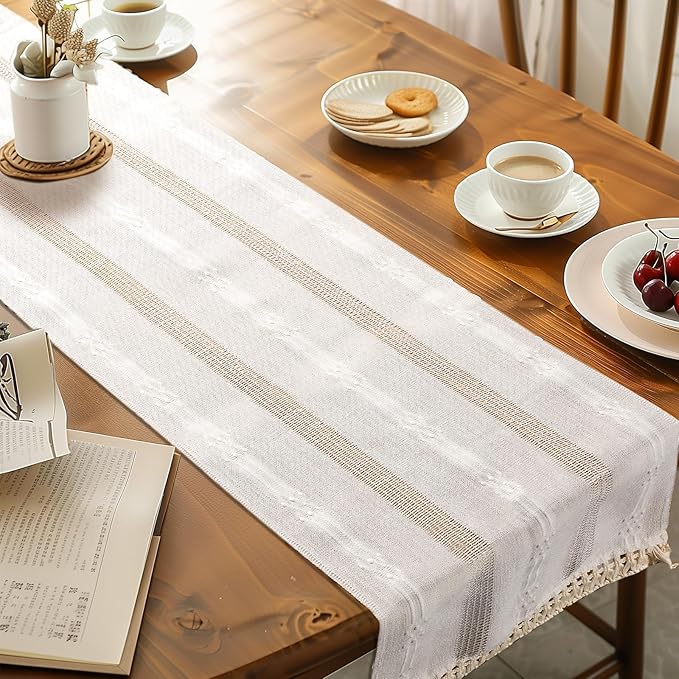 Table Runner, Boho Table Runner Cotton Linen Table Decorations, Farmhouse Table Runners with Tassels for Bohemian Wedding Bridal Shower Rustic Home Dining Table (12x72, White)