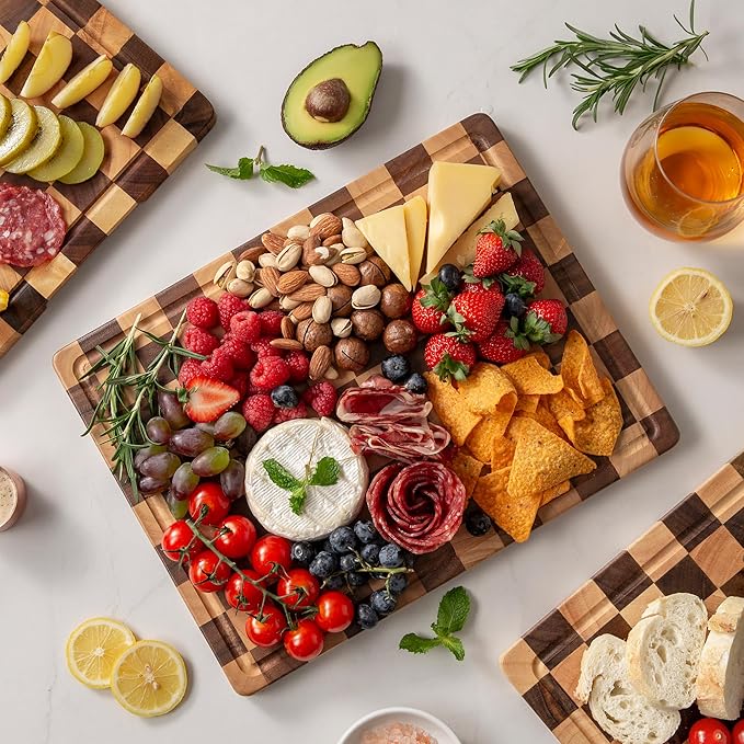 Checkered Cutting Boards for Kitchen, Wooden Cutting Board Set, Acacia Chopping Board with Juice Grooves & Handles, Butcher Block Serving Tray for Meat, Vegetables and Fruits, 3pcs