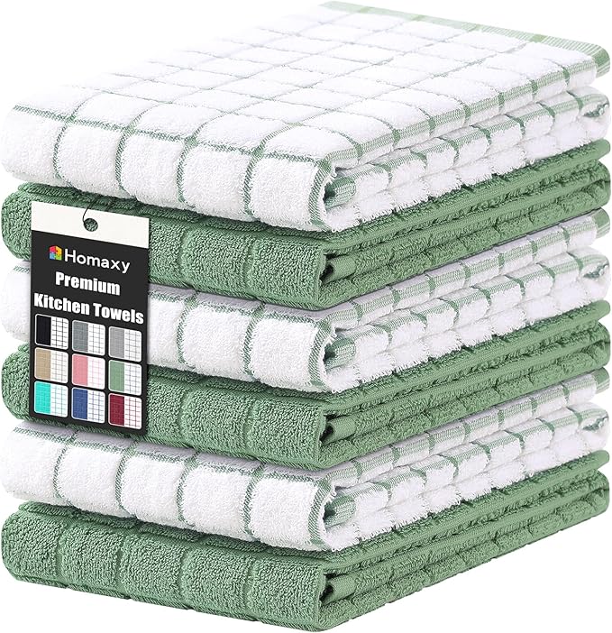 Homaxy Premium Cotton Kitchen Towels 16"x 28", Large Natural Ring Spun 390 GSM Dish Towels, Super Absorbent Terry Kitchen Hand Towels, Soft Tea Towels with Hanging Loop, Grass Green Check, 6 Pack