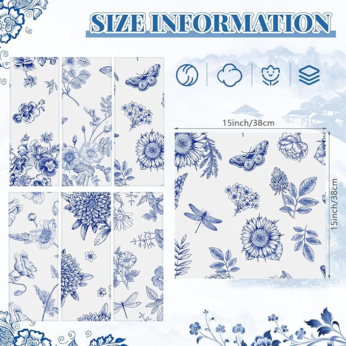 Nuogo 36 Sets Chinoiserie Blue and White Cloth Napkins 15" x 15" Oriental Blue and White Dinner Napkins Reusable Cloth Hand Towels for Guest Chinese Style Wedding Dinner Table Decor