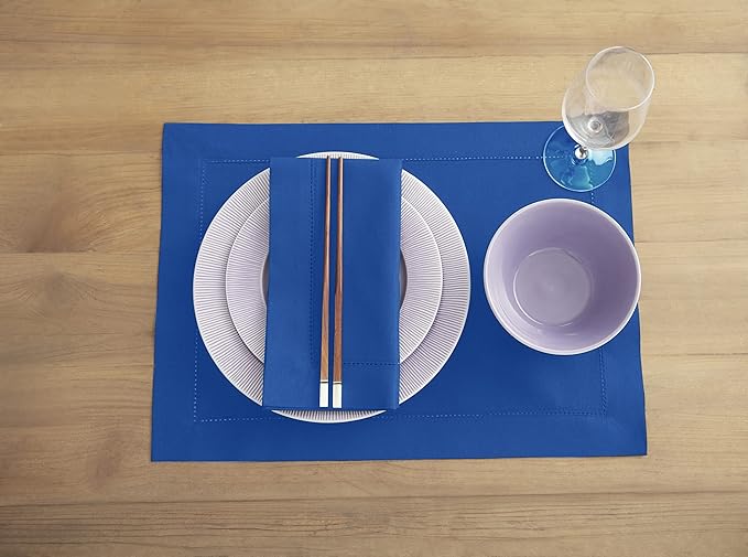 Solino Home Blue Placemats Set of 4 - Cotton Linen Hemstitch Placemats 14 x 19 Inch for Mothers Day