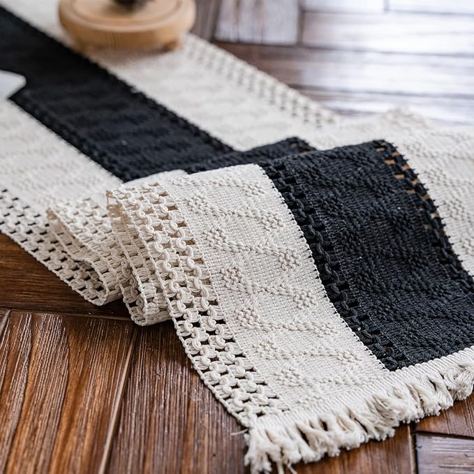 Alynsehom Macrame Table Runner Cream Beige and Black Boho Table Runners with Tassels Hand Woven Cotton Table Runner Rustic Farmhouse Table Runners for Bohemian Kitchen Dining Table(12x48in)