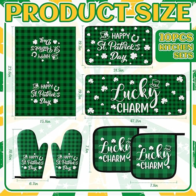 VitalCozy 10 Pcs St. Patrick's Day Kitchen Decor Set Shamrock Kitchen Towel and Rugs Oven Mitts Pot Holders for Home Cooking Baking Decorations